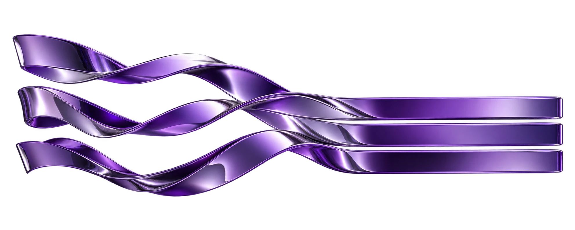 Separate sculptural violet ribbons resolving into three precisely aligned forms